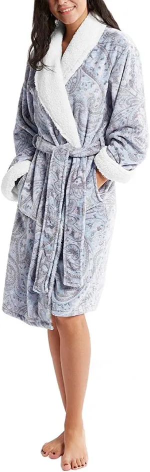 INK IVY Plush Kimono Belted Robe for Women - Mid-Length Ladies Bathrobe Loungewear with Pocket, Collar & Cuff, Printed Paisley Grey, L/XL