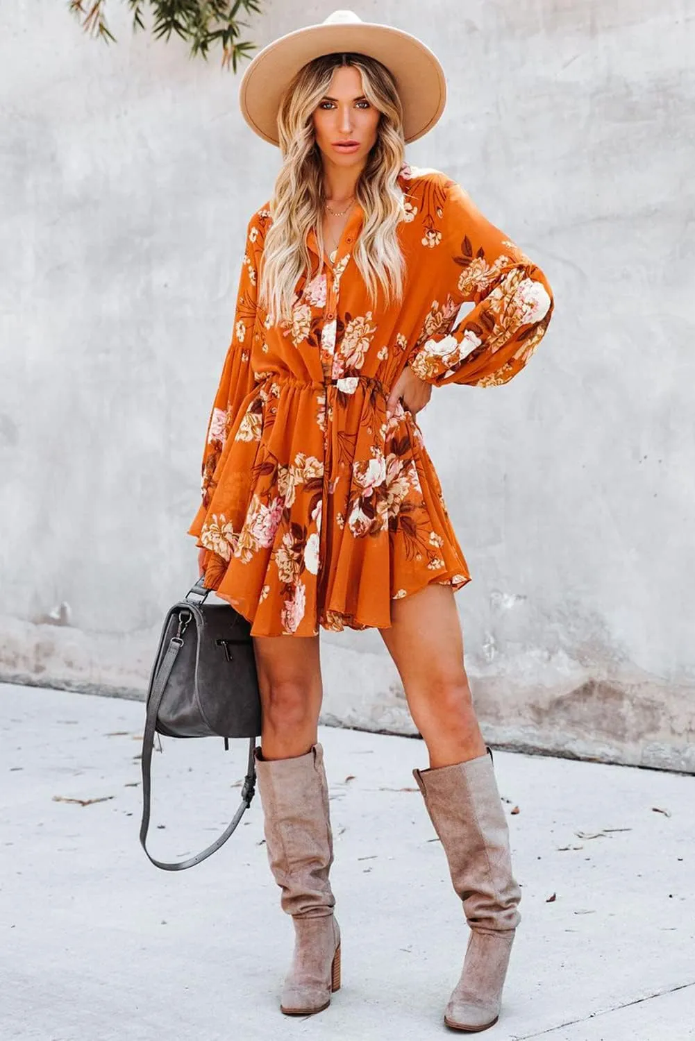 Irsutey Women Casual Summer Sundress Boho Long Sleeve V Neck Tie Knot Dress Ruffle Floral Print Button Down Mini Swing Dress