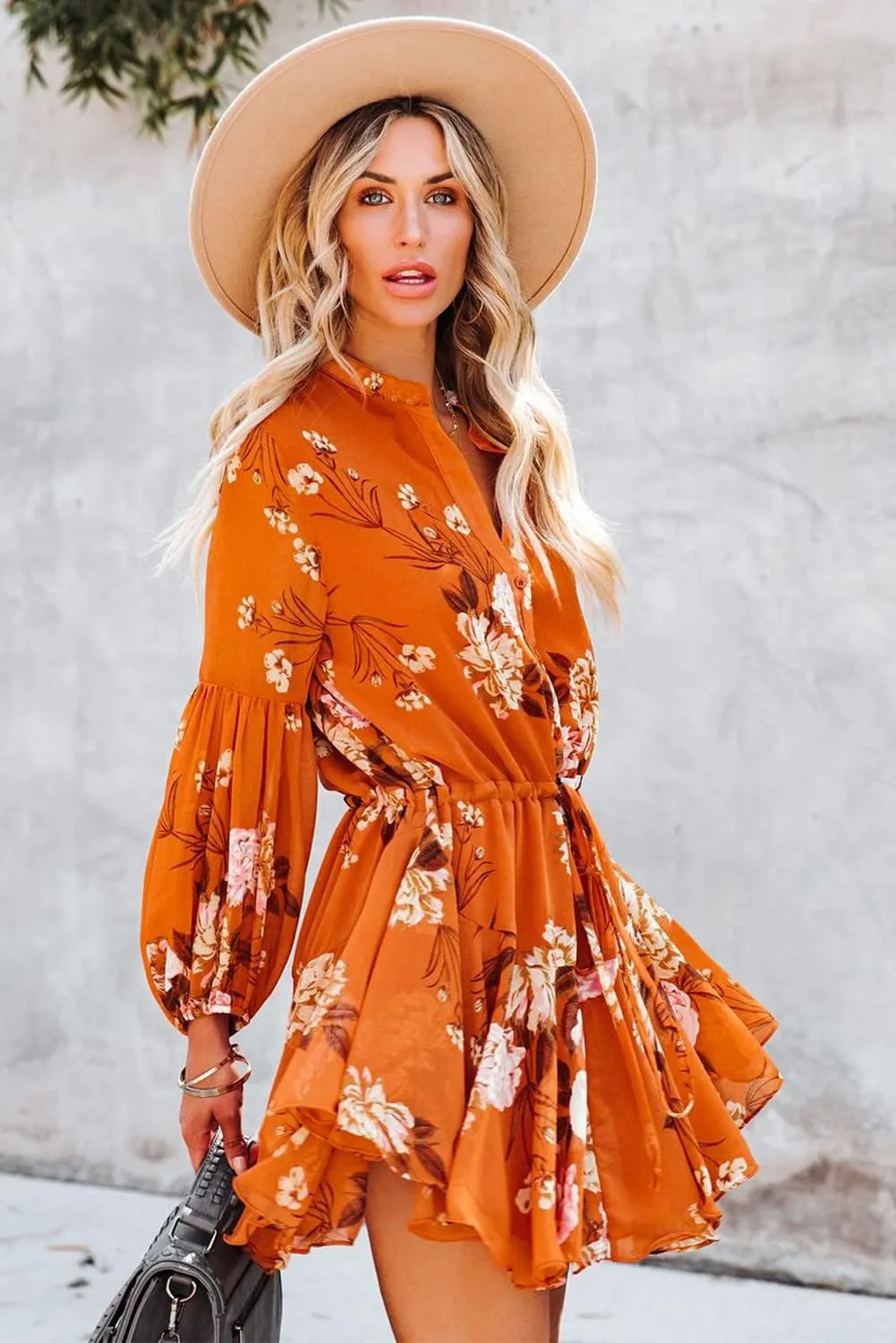 Irsutey Women Casual Summer Sundress Boho Long Sleeve V Neck Tie Knot Dress Ruffle Floral Print Button Down Mini Swing Dress