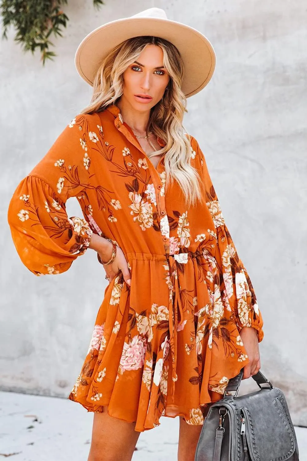 Irsutey Women Casual Summer Sundress Boho Long Sleeve V Neck Tie Knot Dress Ruffle Floral Print Button Down Mini Swing Dress