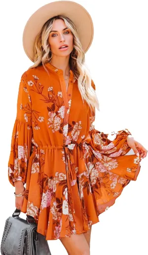Irsutey Women Casual Summer Sundress Boho Long Sleeve V Neck Tie Knot Dress Ruffle Floral Print Button Down Mini Swing Dress
