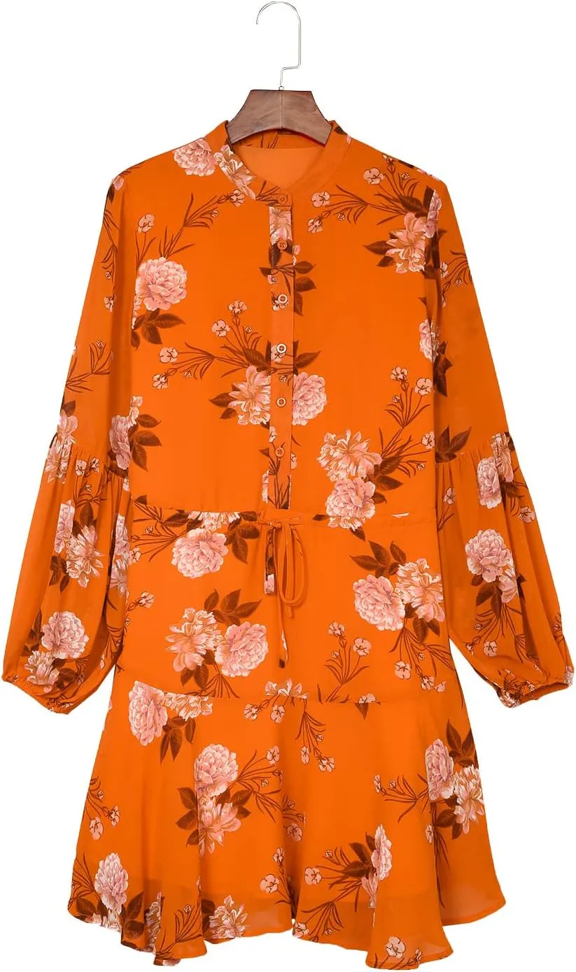 Irsutey Women Casual Summer Sundress Boho Long Sleeve V Neck Tie Knot Dress Ruffle Floral Print Button Down Mini Swing Dress