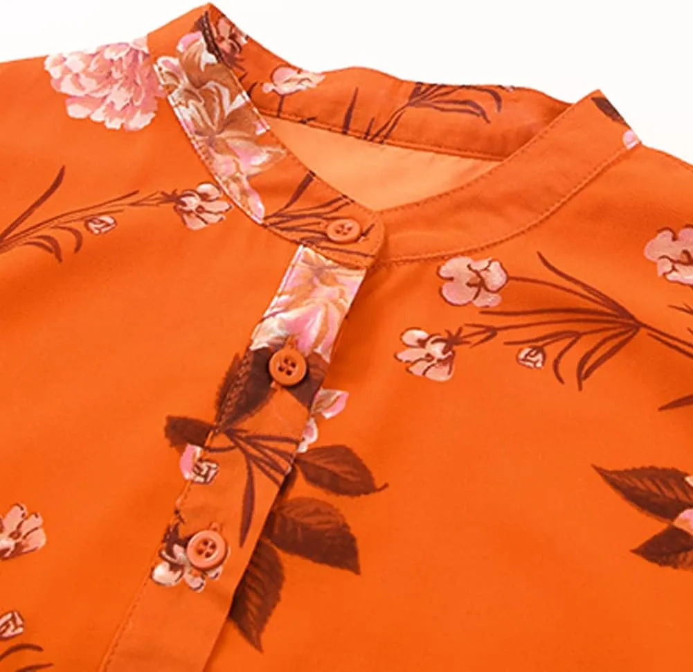Irsutey Women Casual Summer Sundress Boho Long Sleeve V Neck Tie Knot Dress Ruffle Floral Print Button Down Mini Swing Dress