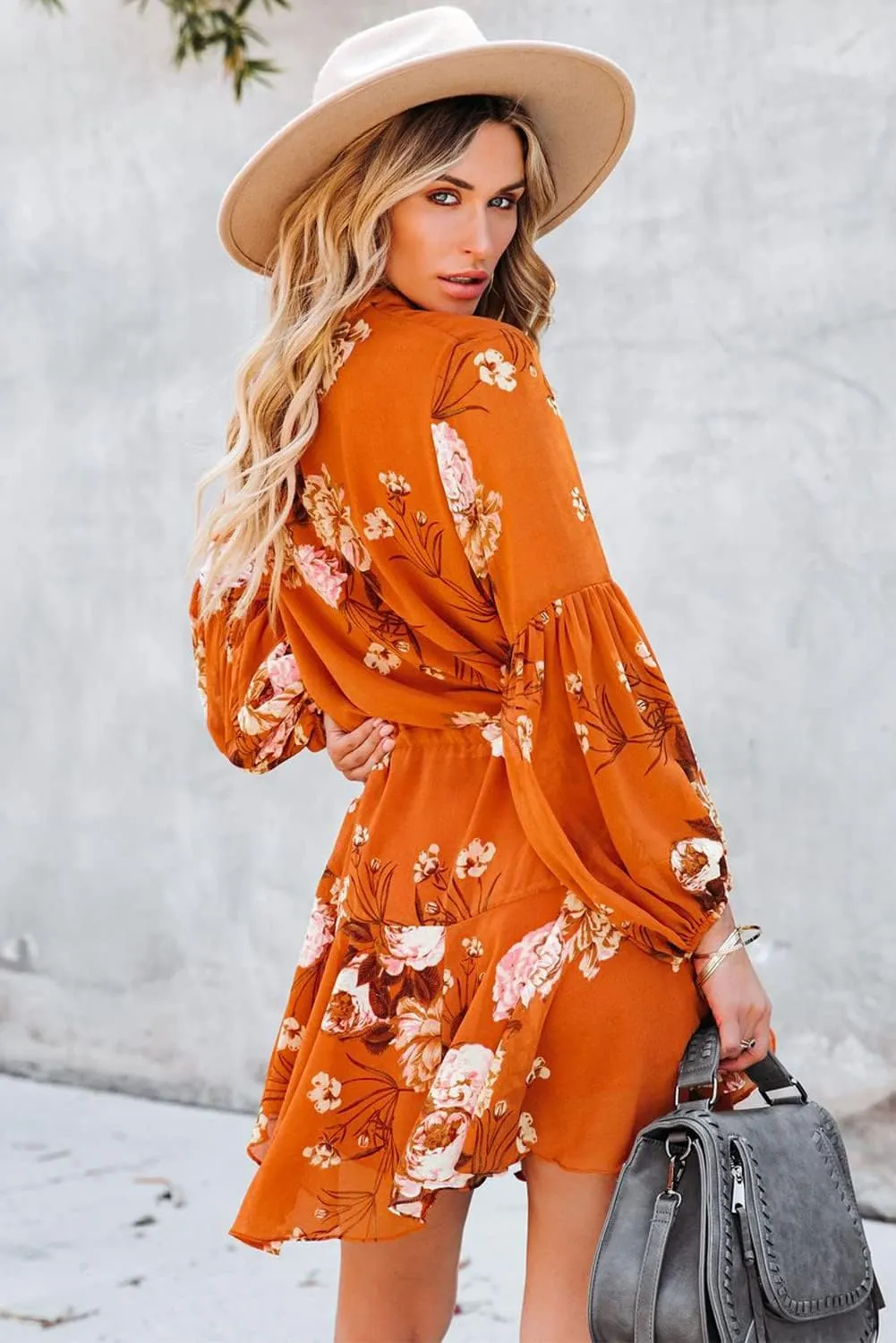 Irsutey Women Casual Summer Sundress Boho Long Sleeve V Neck Tie Knot Dress Ruffle Floral Print Button Down Mini Swing Dress