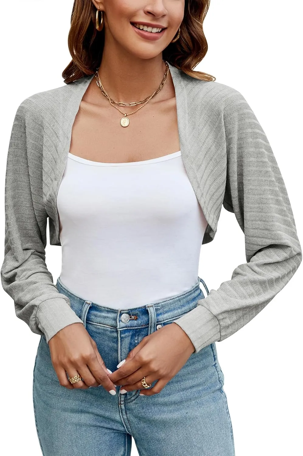 Ivicoer Women's Cardigan Bolero Shrugs for Evening Dress Long Sleeve Lightweight Cropped Open Front Casual Knit Top