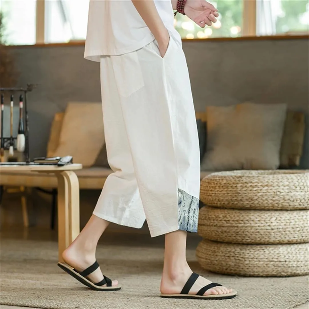 Japanese Cotton Harem Pants Men Linen Cropped Pants Men Casual Elastic Waist Fitness Pants