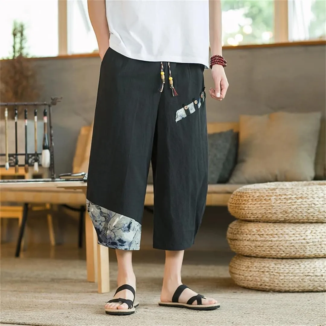 Japanese Cotton Harem Pants Men Linen Cropped Pants Men Casual Elastic Waist Fitness Pants