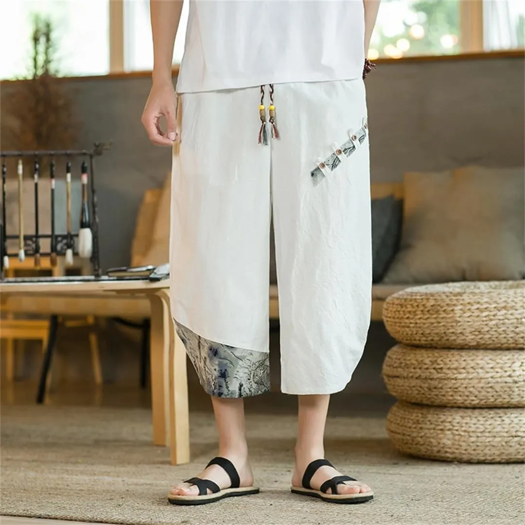 Japanese Cotton Harem Pants Men Linen Cropped Pants Men Casual Elastic Waist Fitness Pants