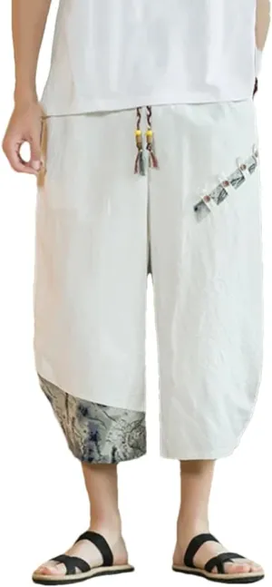 Japanese Cotton Harem Pants Men Linen Cropped Pants Men Casual Elastic Waist Fitness Pants