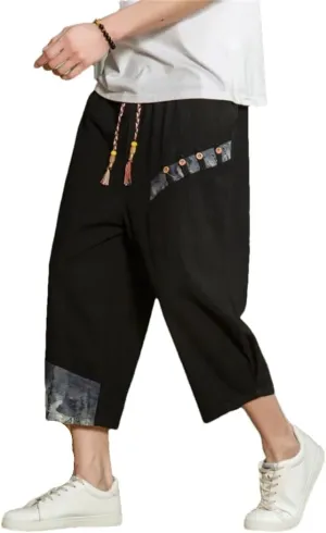Japanese Cotton Harem Pants Men Linen Cropped Pants Men Casual Elastic Waist Fitness Pants