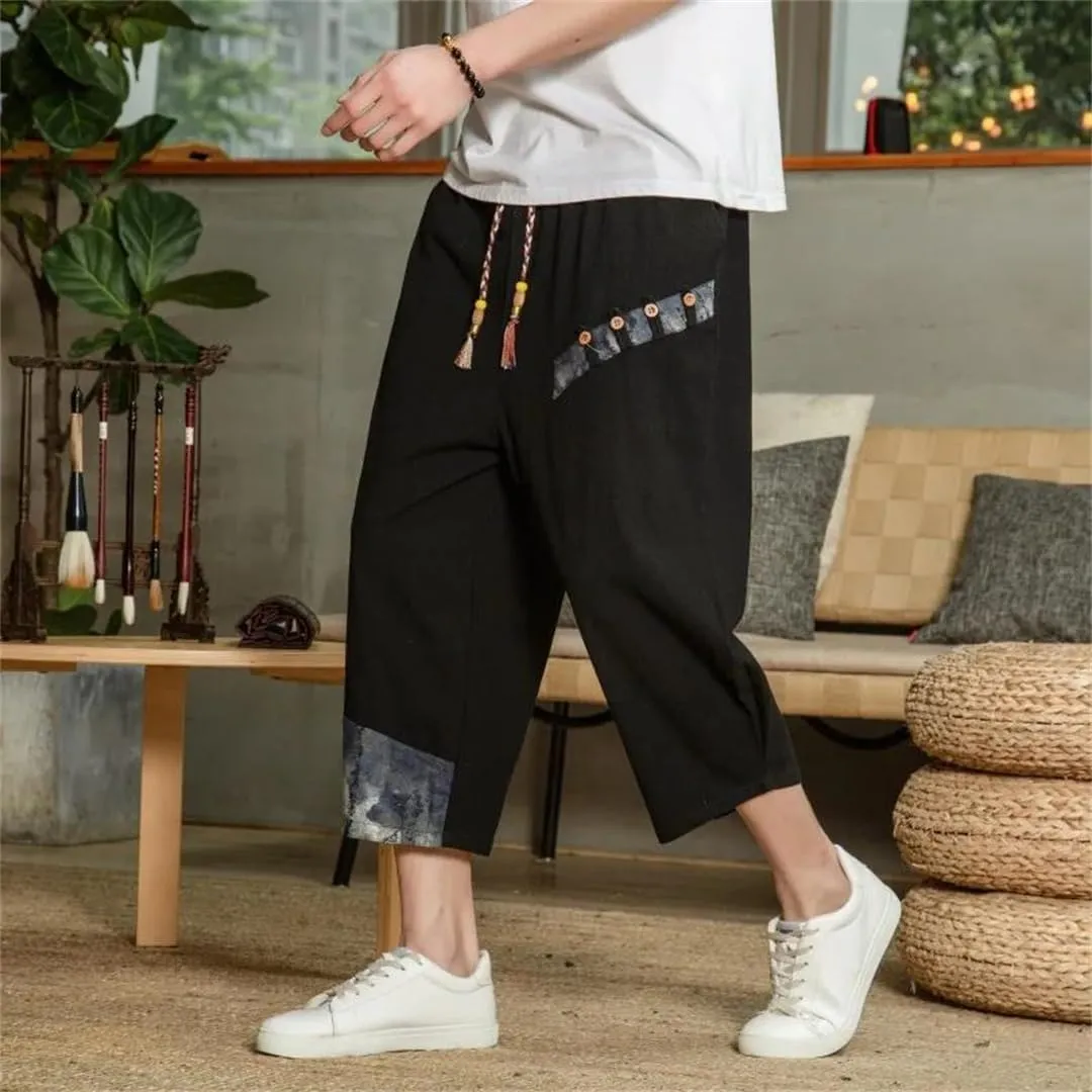 Japanese Cotton Harem Pants Men Linen Cropped Pants Men Casual Elastic Waist Fitness Pants