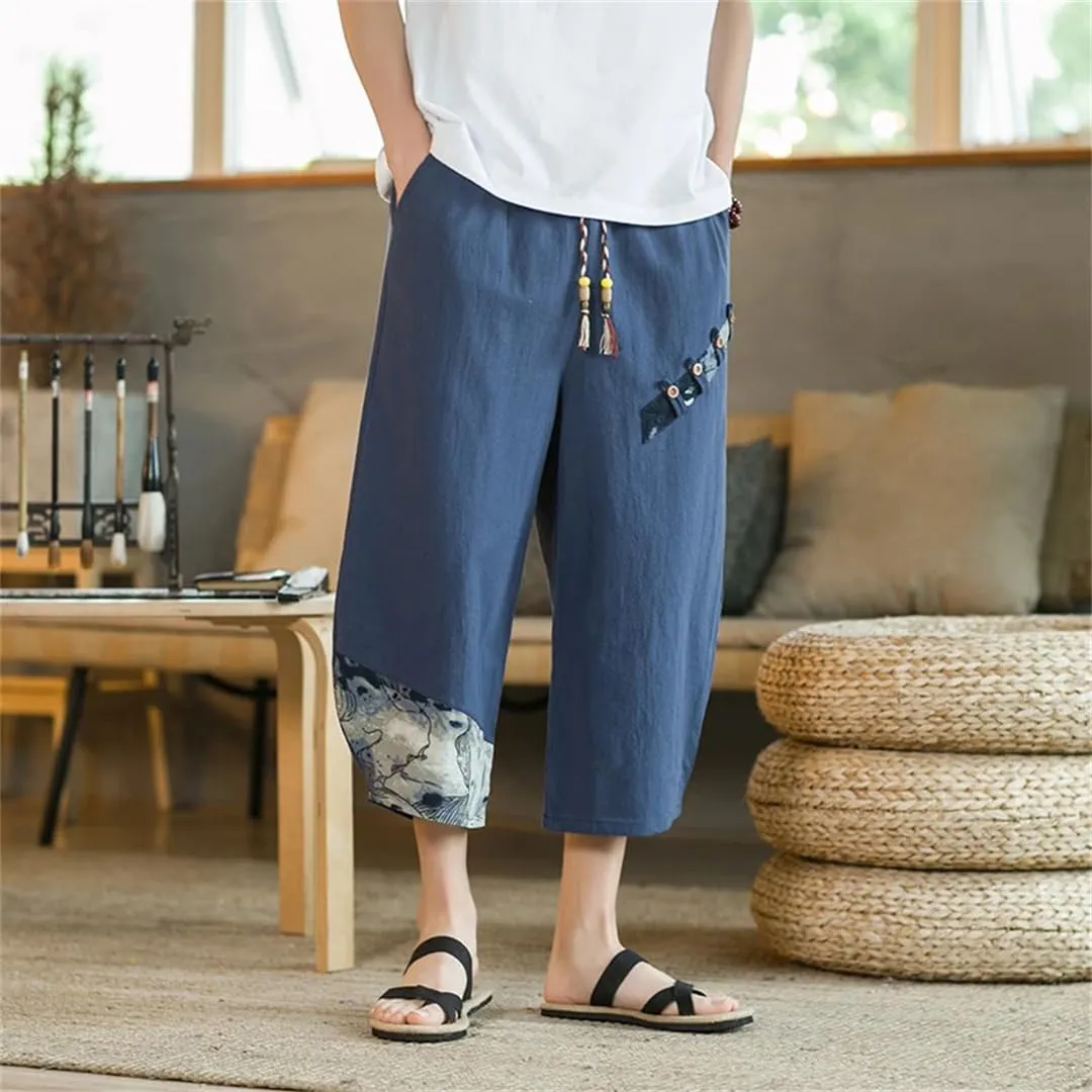 Japanese Cotton Harem Pants Men Linen Cropped Pants Men Casual Elastic Waist Fitness Pants