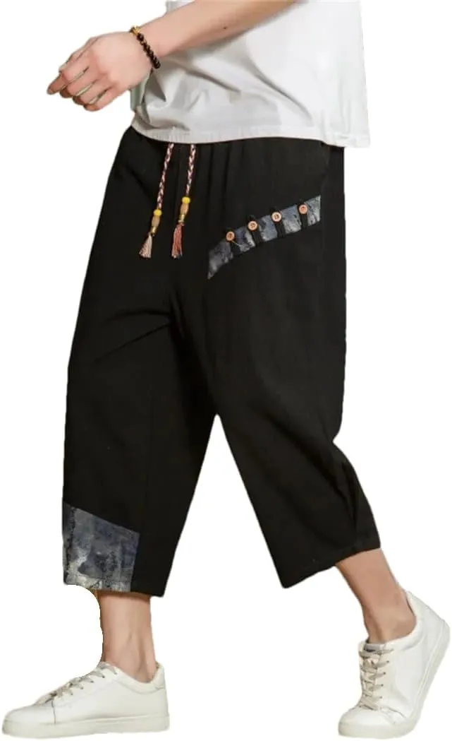 Japanese Cotton Harem Pants Men Linen Cropped Pants Men Casual Elastic Waist Fitness Pants