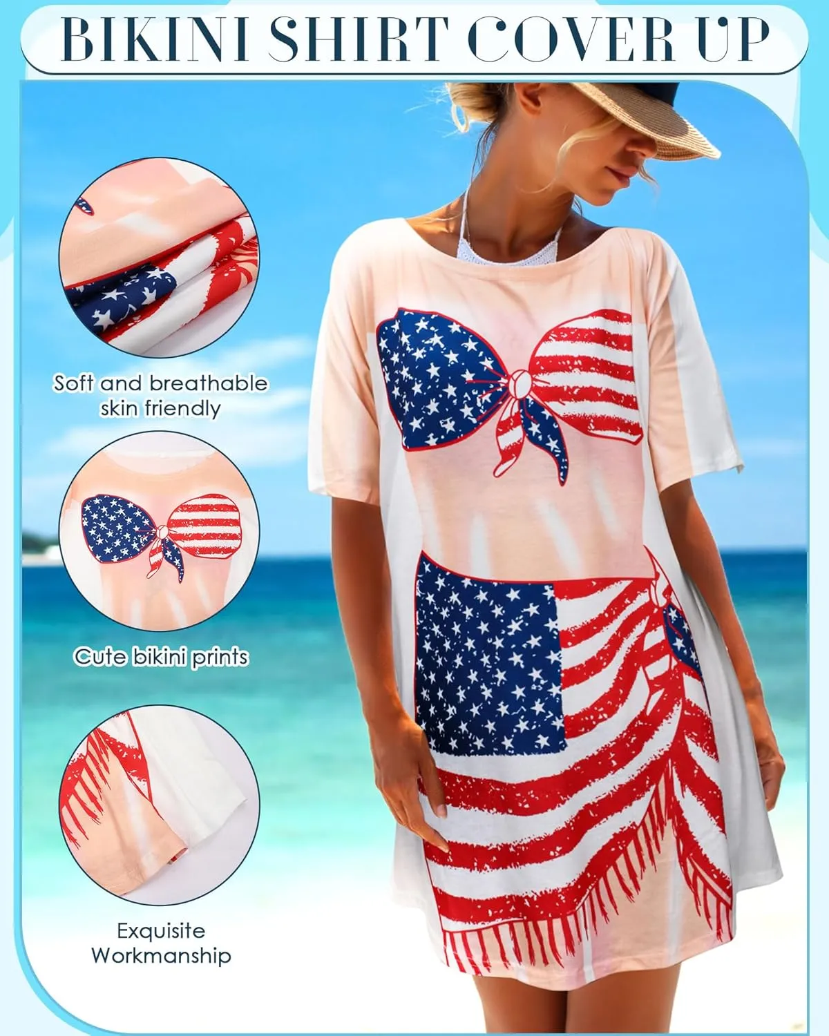 Jeyiour 8 Pcs Women's Bikini Cover up Dress Short Sleeve Bikini Shirt Print Funny Nightgown Baggy Swimwear Cover up