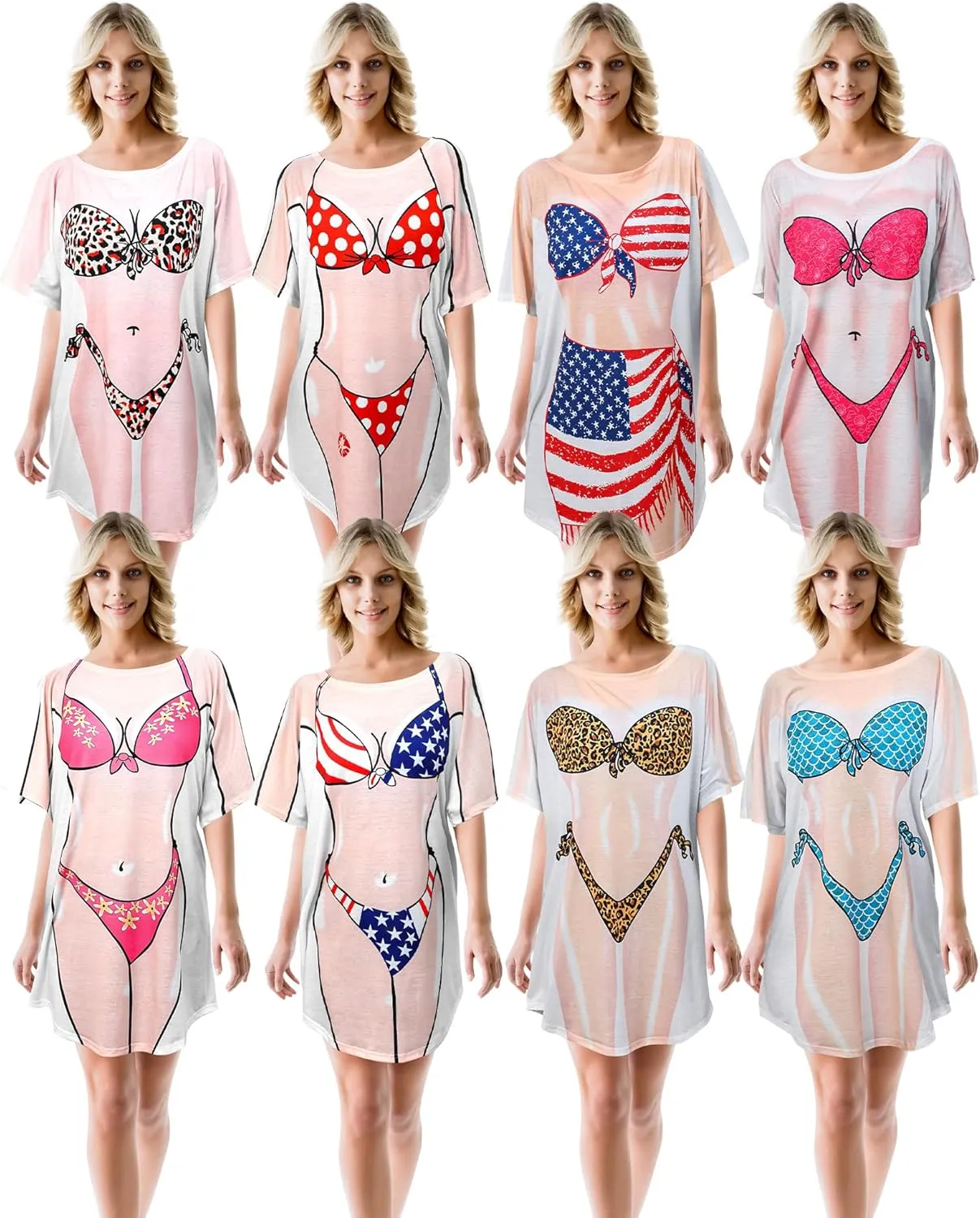 Jeyiour 8 Pcs Women's Bikini Cover up Dress Short Sleeve Bikini Shirt Print Funny Nightgown Baggy Swimwear Cover up
