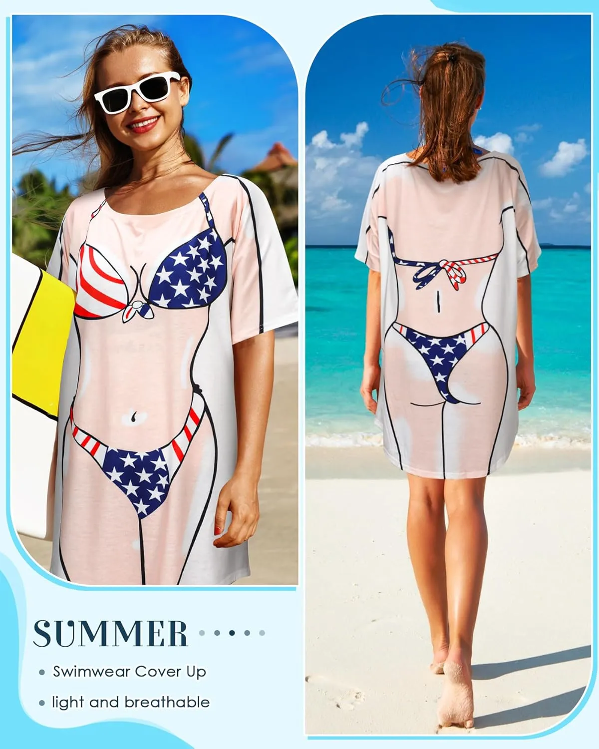 Jeyiour 8 Pcs Women's Bikini Cover up Dress Short Sleeve Bikini Shirt Print Funny Nightgown Baggy Swimwear Cover up