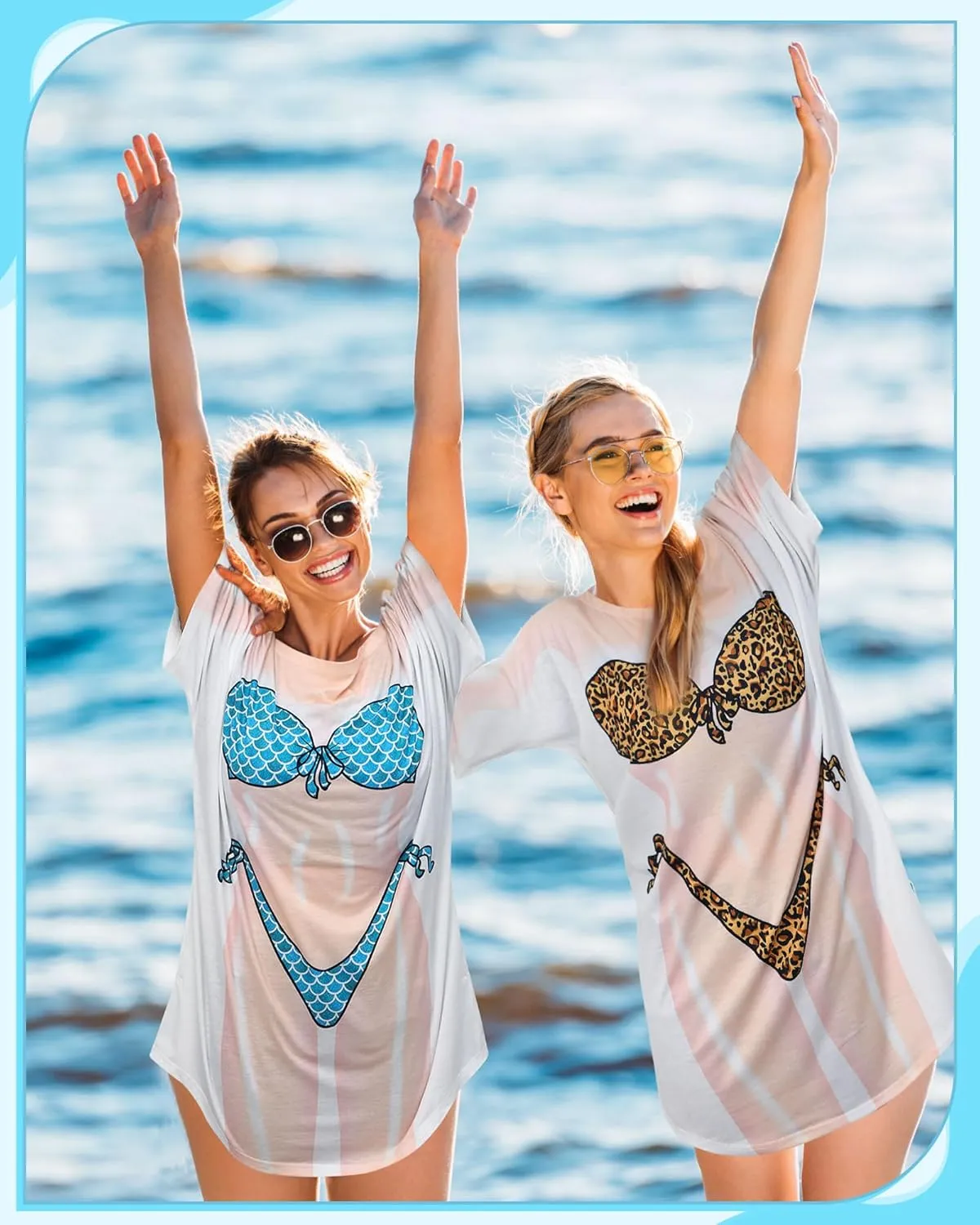 Jeyiour 8 Pcs Women's Bikini Cover up Dress Short Sleeve Bikini Shirt Print Funny Nightgown Baggy Swimwear Cover up