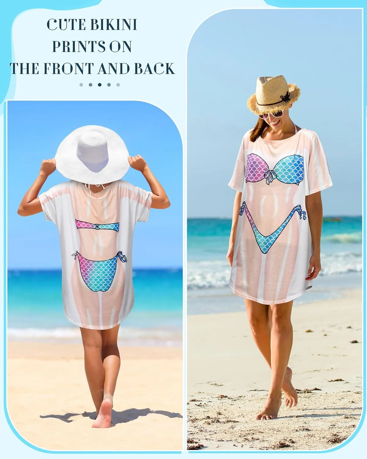 Jeyiour 8 Pcs Women's Bikini Cover up Dress Short Sleeve Bikini Shirt Print Funny Nightgown Baggy Swimwear Cover up