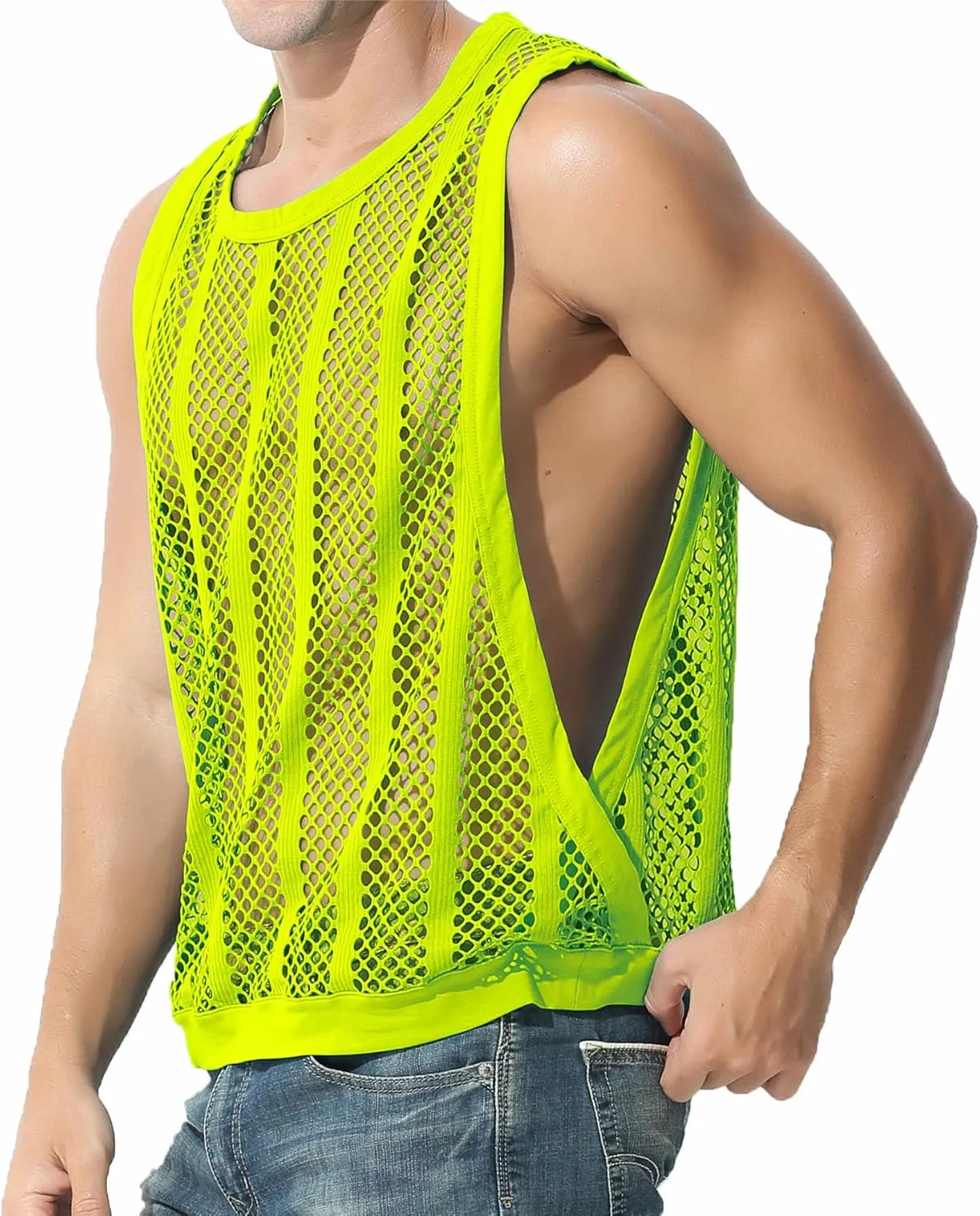 JINSHI Men's Mesh Athletic Tank Top Shirts Sexy Fishnet See Through Sleeveless Vest Male Fitted Muscle Workout Tops Swimwear