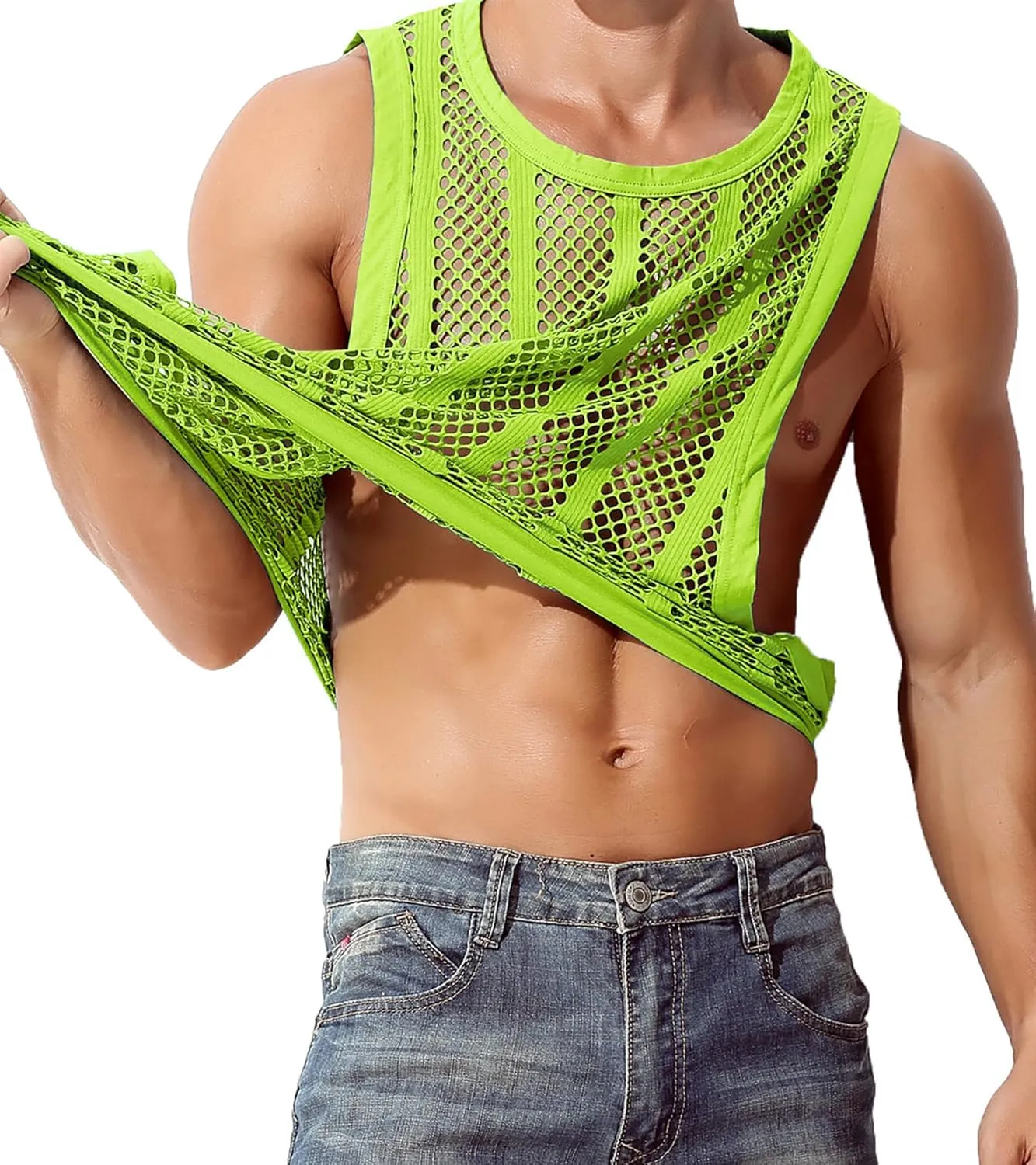 JINSHI Men's Mesh Athletic Tank Top Shirts Sexy Fishnet See Through Sleeveless Vest Male Fitted Muscle Workout Tops Swimwear