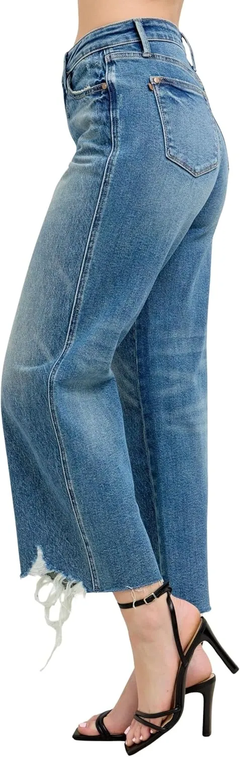 Judy Blue Women's Rigid Magic High-Rise Destroyed Hem Cropped Wide Leg Jeans