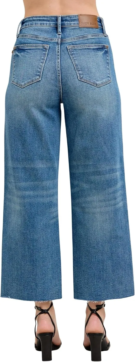 Judy Blue Women's Rigid Magic High-Rise Destroyed Hem Cropped Wide Leg Jeans