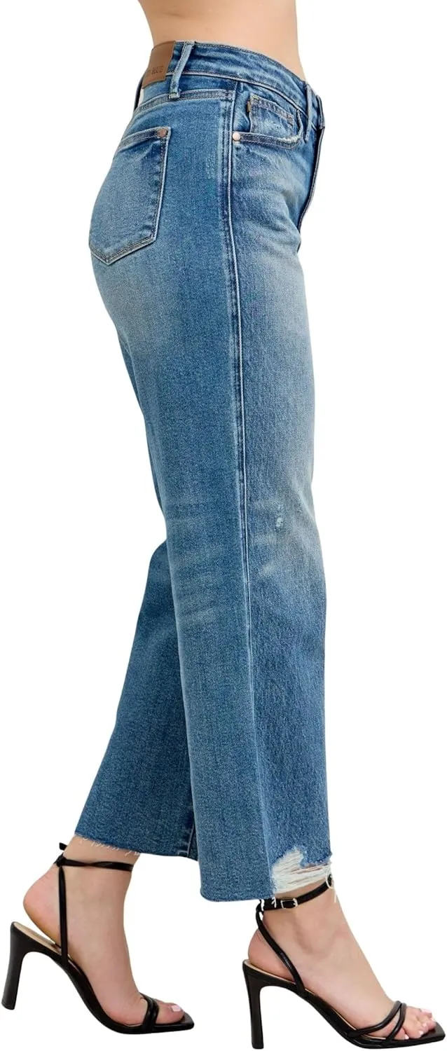 Judy Blue Women's Rigid Magic High-Rise Destroyed Hem Cropped Wide Leg Jeans