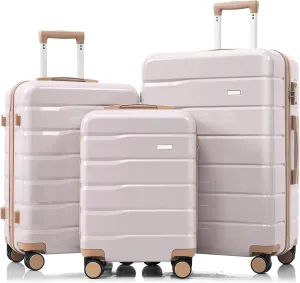 Kangmusi Premium ABS Travel Luggage Set, 3-Piece TSA Lock Suitcase Ensemble with 20, 24, and 28 Inch Sizes with 360 Spinner Wheels, light grey and golden