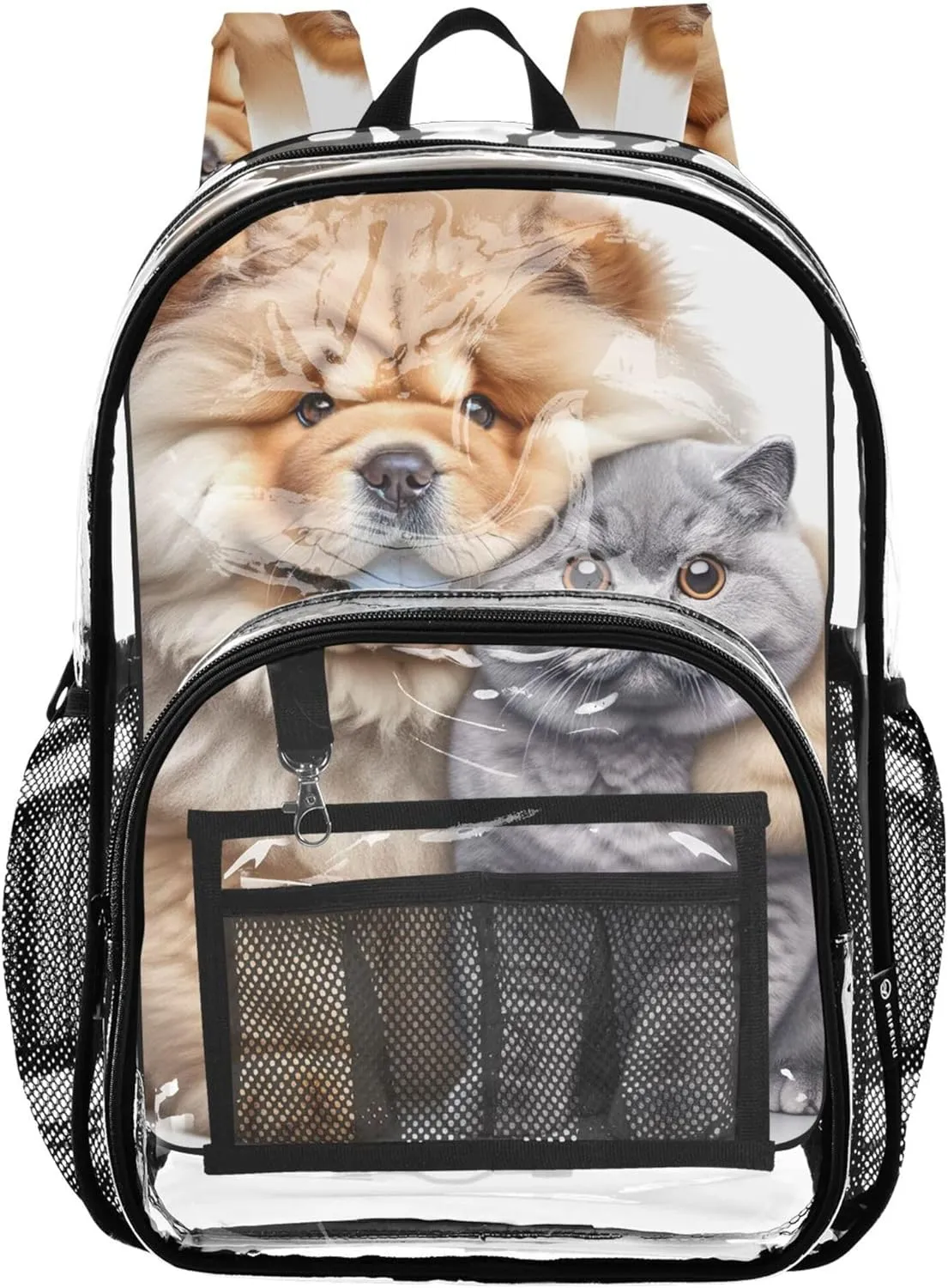 Kids Backpack Boys Girls Chow Chow Dog Hug Kitten Cat Clear Bag for Women Travel School Clear Plastic Bag Pvc
