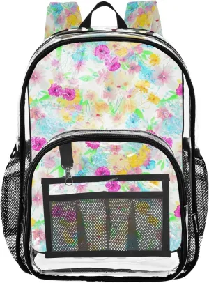 Kids Backpack for Girls Colorful Floral Flowers White Travel Clear Backpack Floral Plastic See through Bookbag