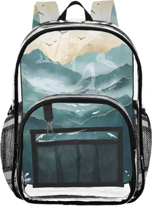 Kids Backpack for Girls Serene Mountain Landscape Art Clear Backpack Women Cute Plastic Transparent Bookbag