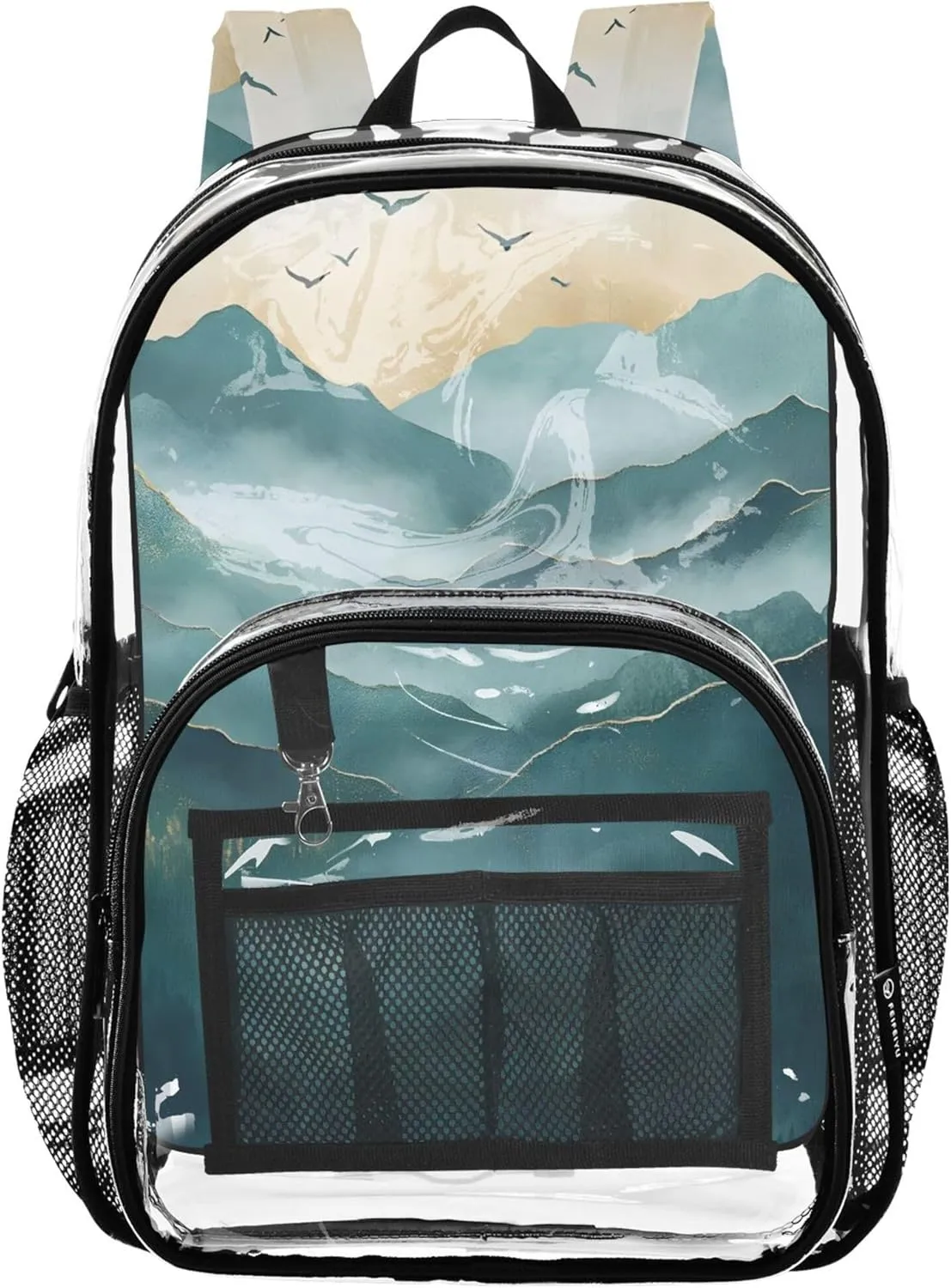 Kids Backpack for Girls Serene Mountain Landscape Art Clear Backpack Women Cute Plastic Transparent Bookbag