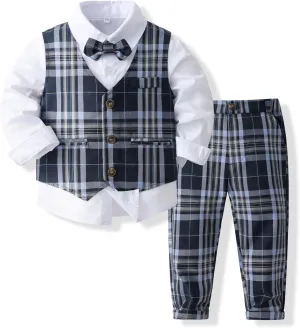 Kimocat Boys 3Pcs Clothing Sets Elegant Long Sleeve Shirts   Vest with Flower Pants Party Suit