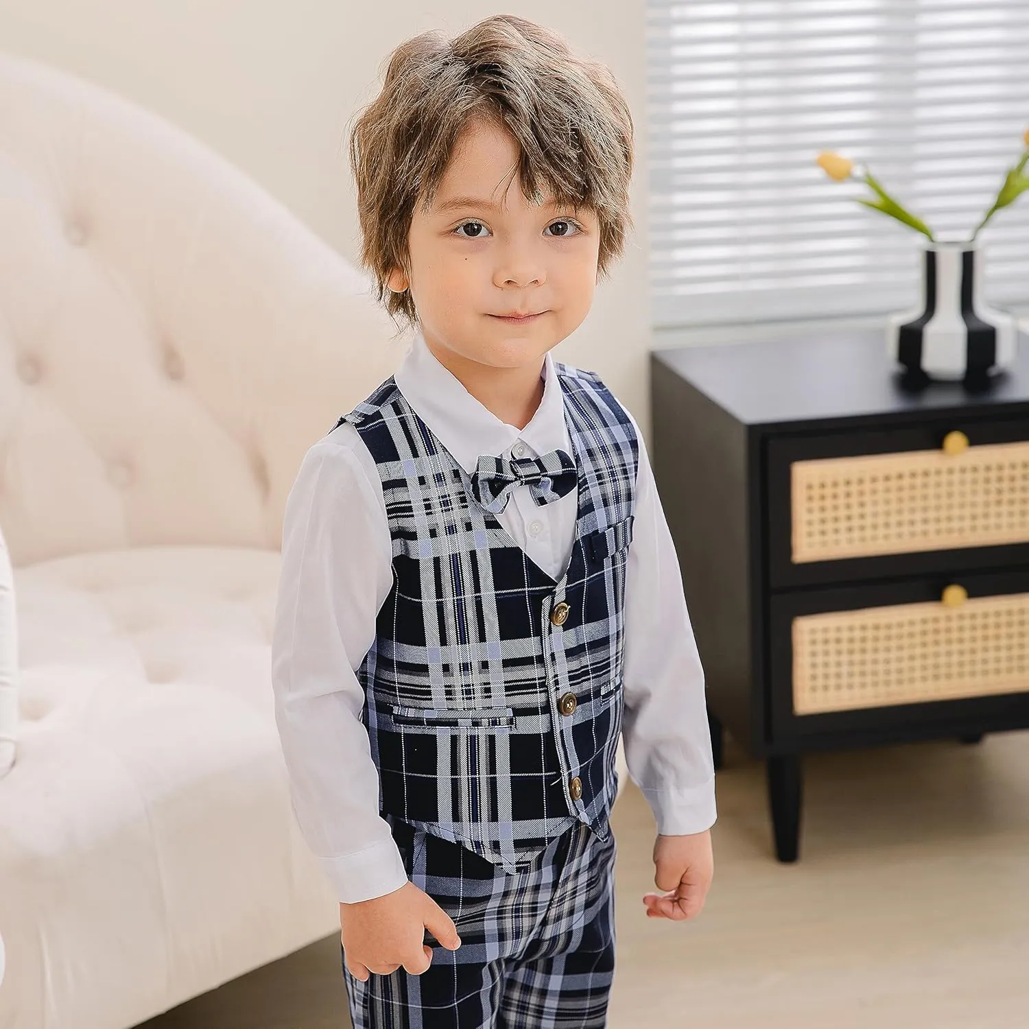 Kimocat Boys 3Pcs Clothing Sets Elegant Long Sleeve Shirts   Vest with Flower Pants Party Suit
