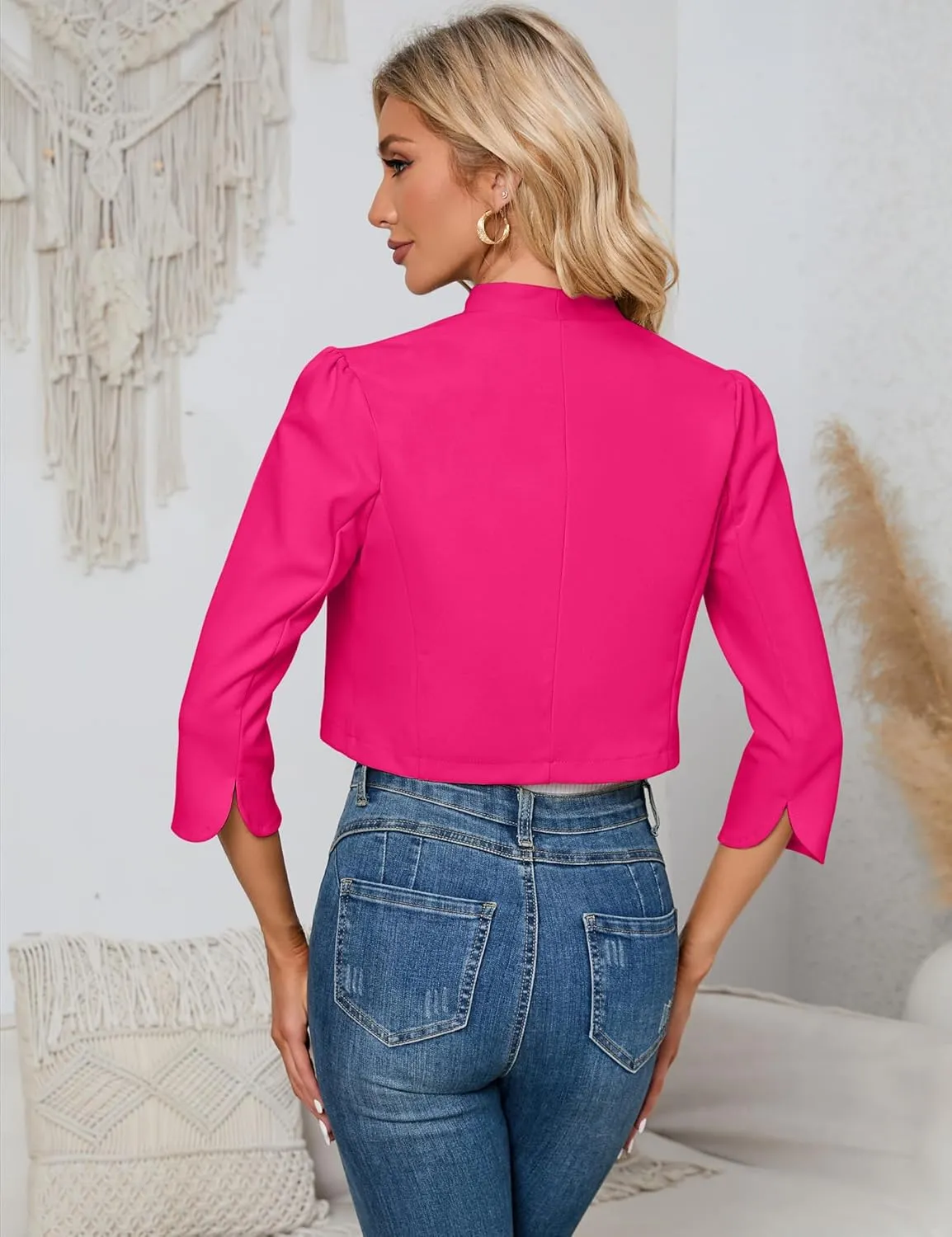 KOJOOIN Womens 3/4 Sleeve Bolero Shrug Open Front Puff Sleeve Cropped Cardigan