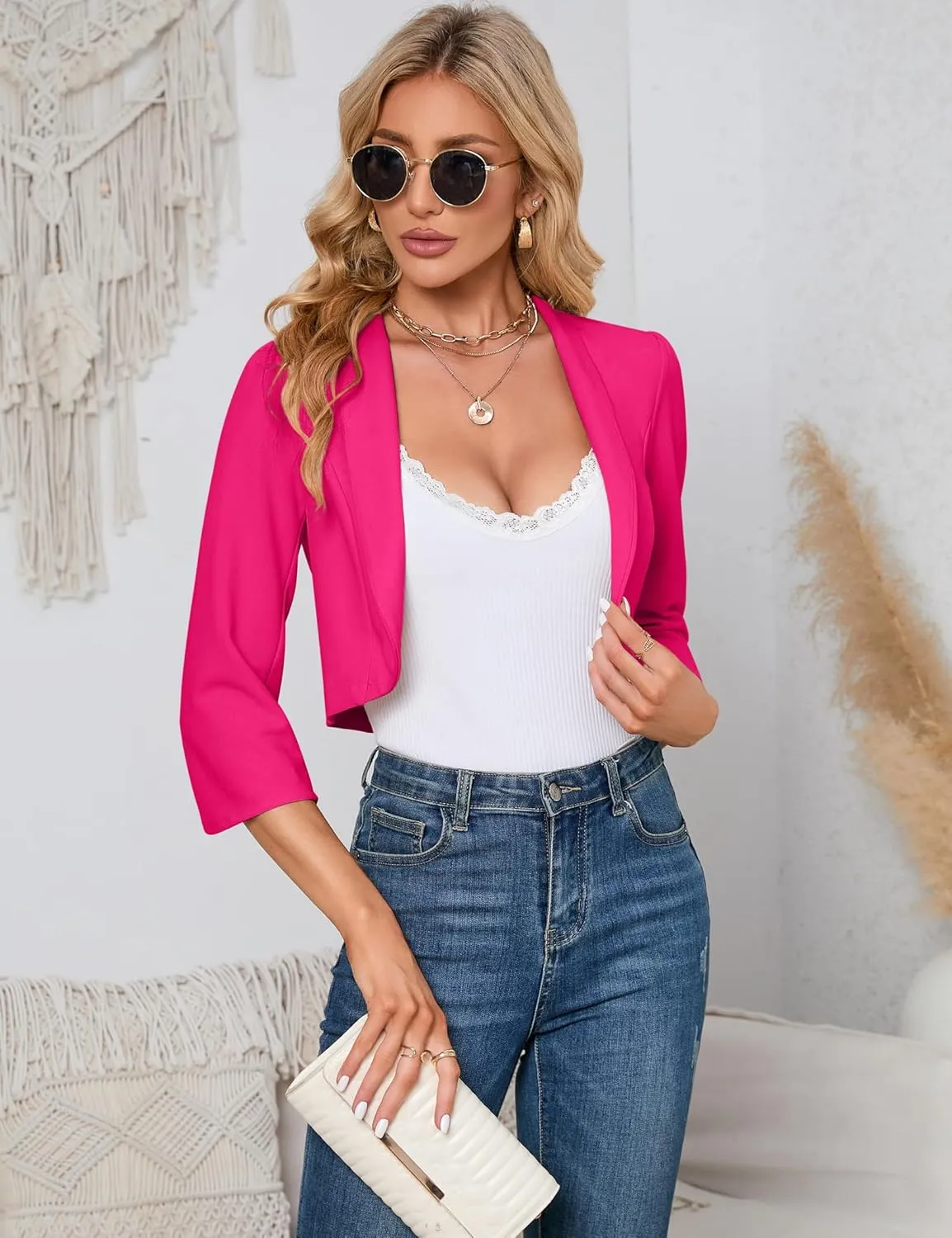KOJOOIN Womens 3/4 Sleeve Bolero Shrug Open Front Puff Sleeve Cropped Cardigan