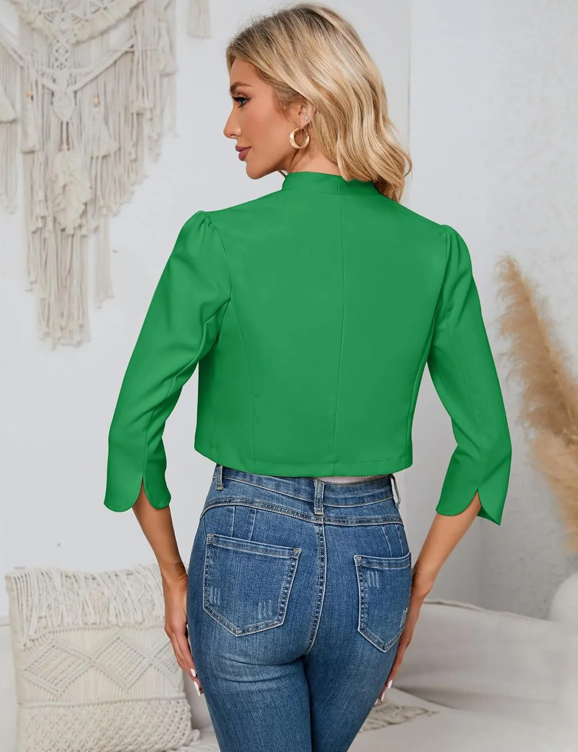 KOJOOIN Womens 3/4 Sleeve Bolero Shrug Open Front Puff Sleeve Cropped Cardigan