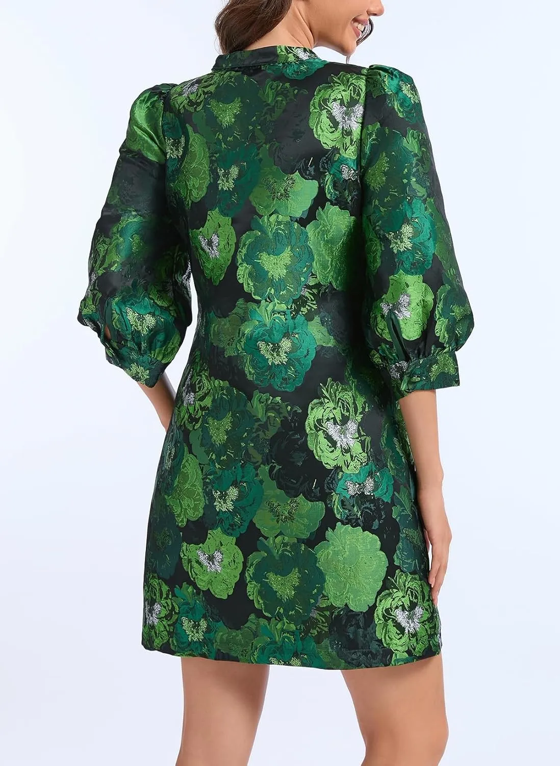 Ladyful Women's Floral Jacquard Dress Crewneck 3/4 Puff Sleeve Button Up Elegant Business Shift Mini Dress