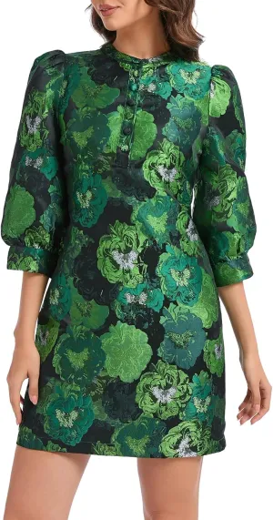 Ladyful Women's Floral Jacquard Dress Crewneck 3/4 Puff Sleeve Button Up Elegant Business Shift Mini Dress