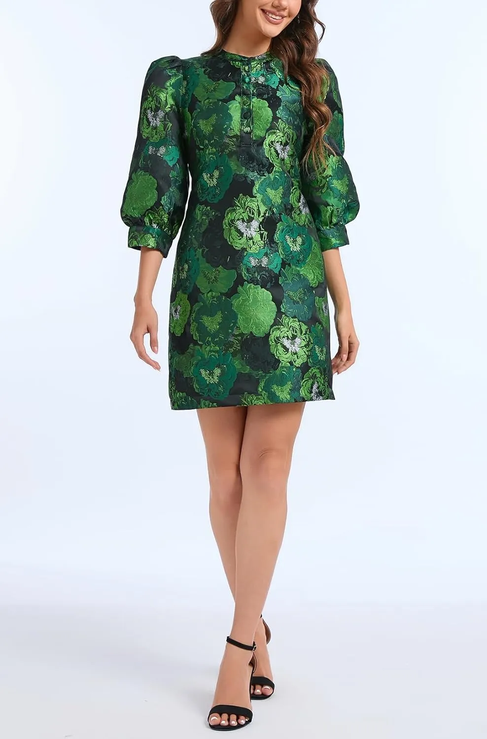 Ladyful Women's Floral Jacquard Dress Crewneck 3/4 Puff Sleeve Button Up Elegant Business Shift Mini Dress
