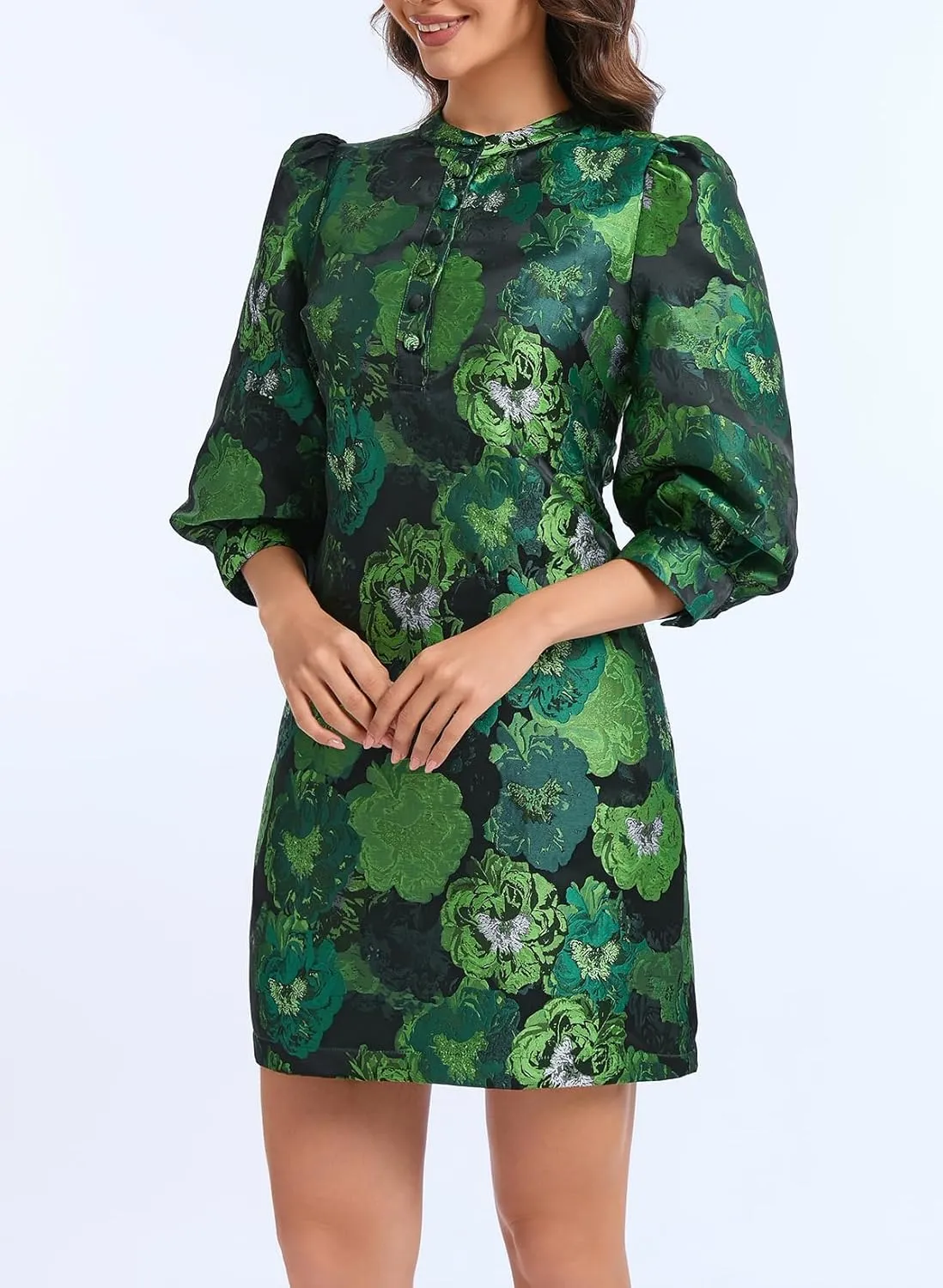 Ladyful Women's Floral Jacquard Dress Crewneck 3/4 Puff Sleeve Button Up Elegant Business Shift Mini Dress