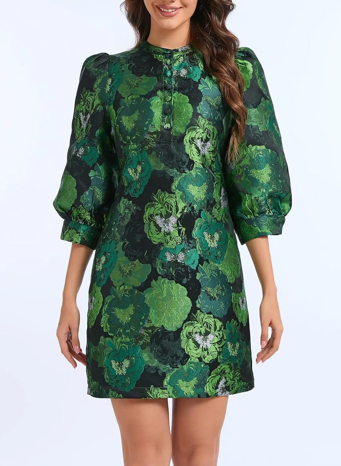 Ladyful Women's Floral Jacquard Dress Crewneck 3/4 Puff Sleeve Button Up Elegant Business Shift Mini Dress