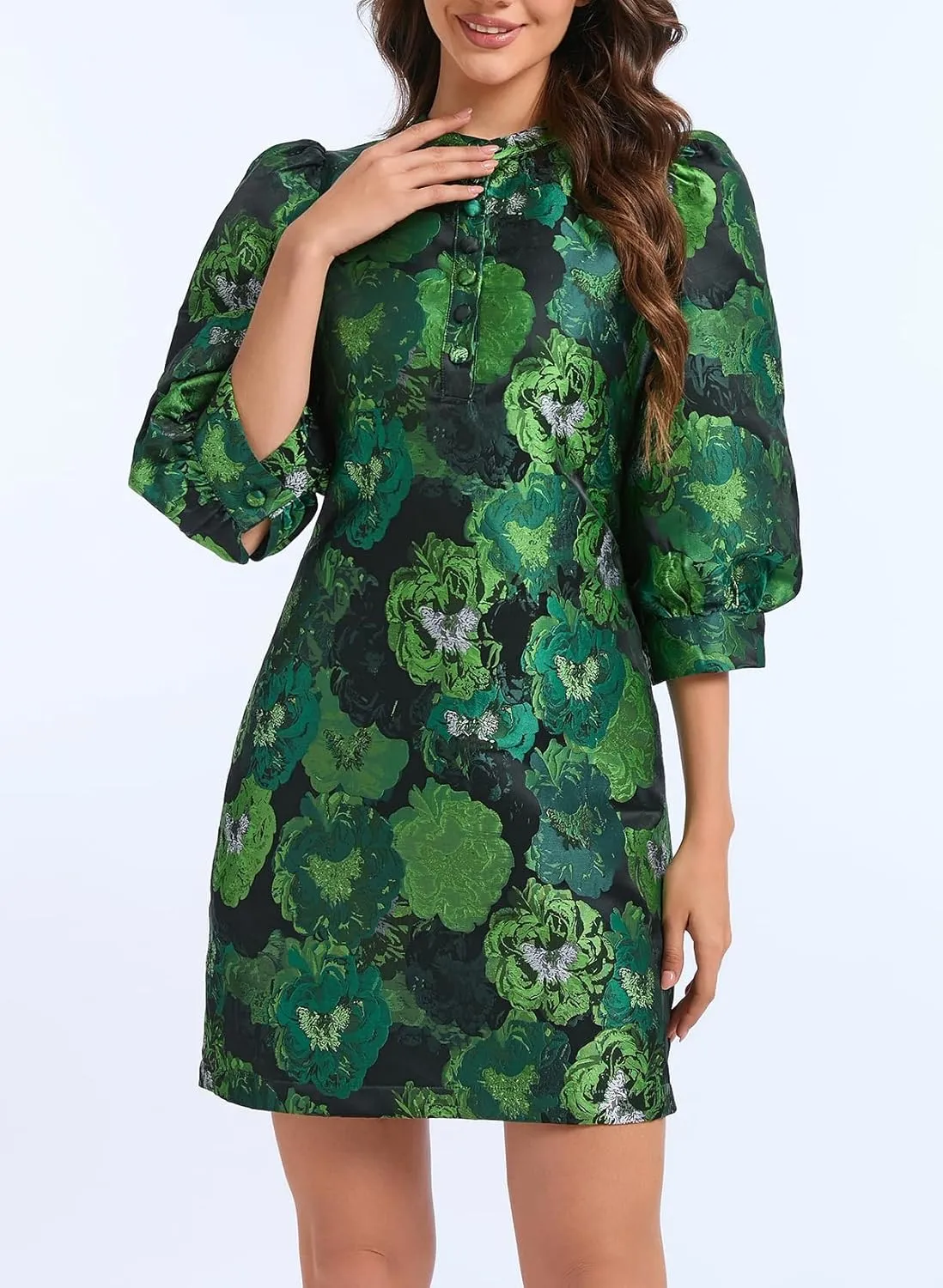 Ladyful Women's Floral Jacquard Dress Crewneck 3/4 Puff Sleeve Button Up Elegant Business Shift Mini Dress