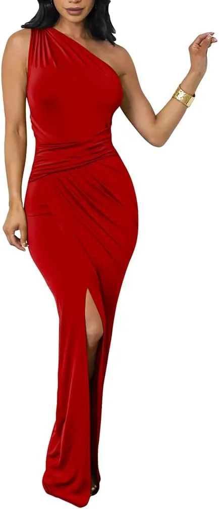 LAGSHIAN Women's Sexy One Shoulder Sleeveless Satin Ruched Formal Split Cocktail Maxi Dress