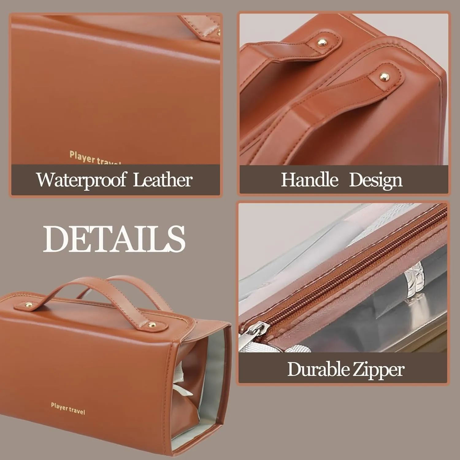 Large Capacity Makeup Bag Organizer - Premium PU Leather Cosmetic Case with 4 Removable Dividers & Dual Handles | Waterproof Lay-Flat Design Travel Toiletry Bag for Women(BROWN)