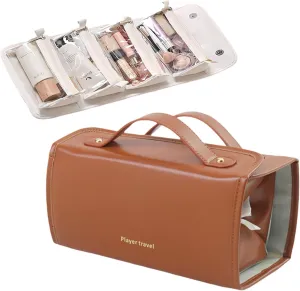 Large Capacity Makeup Bag Organizer - Premium PU Leather Cosmetic Case with 4 Removable Dividers & Dual Handles | Waterproof Lay-Flat Design Travel Toiletry Bag for Women(BROWN)