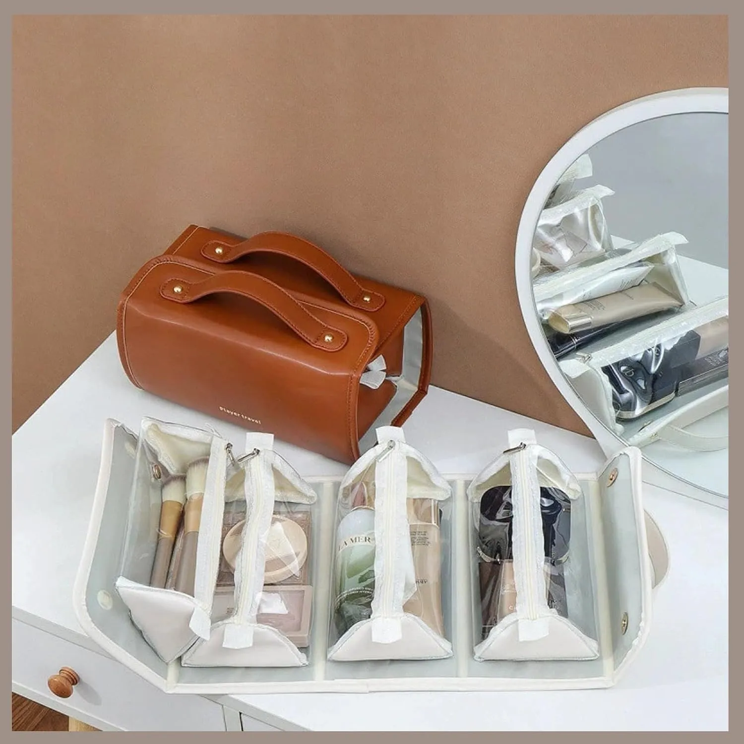 Large Capacity Makeup Bag Organizer - Premium PU Leather Cosmetic Case with 4 Removable Dividers & Dual Handles | Waterproof Lay-Flat Design Travel Toiletry Bag for Women(BROWN)