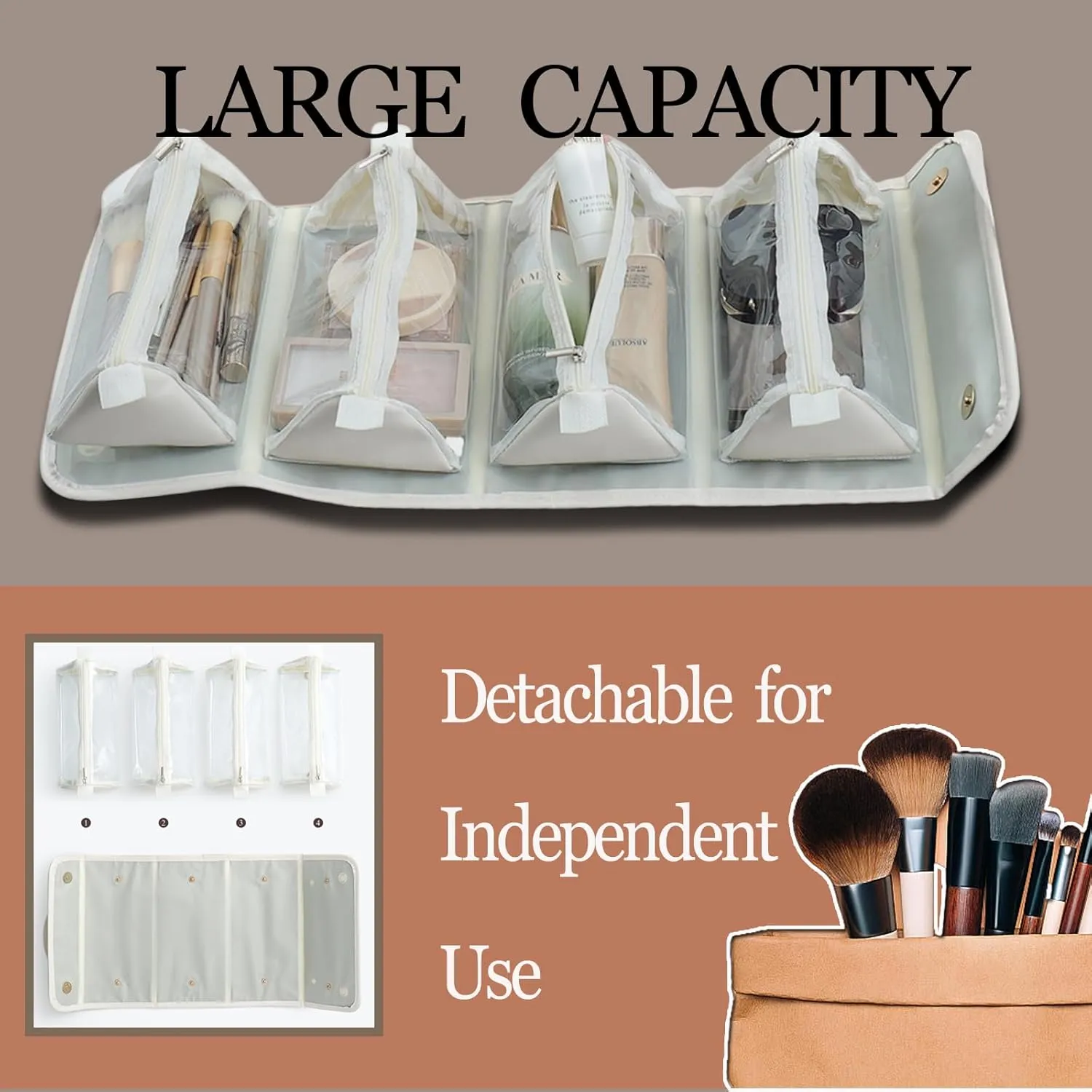 Large Capacity Makeup Bag Organizer - Premium PU Leather Cosmetic Case with 4 Removable Dividers & Dual Handles | Waterproof Lay-Flat Design Travel Toiletry Bag for Women(BROWN)