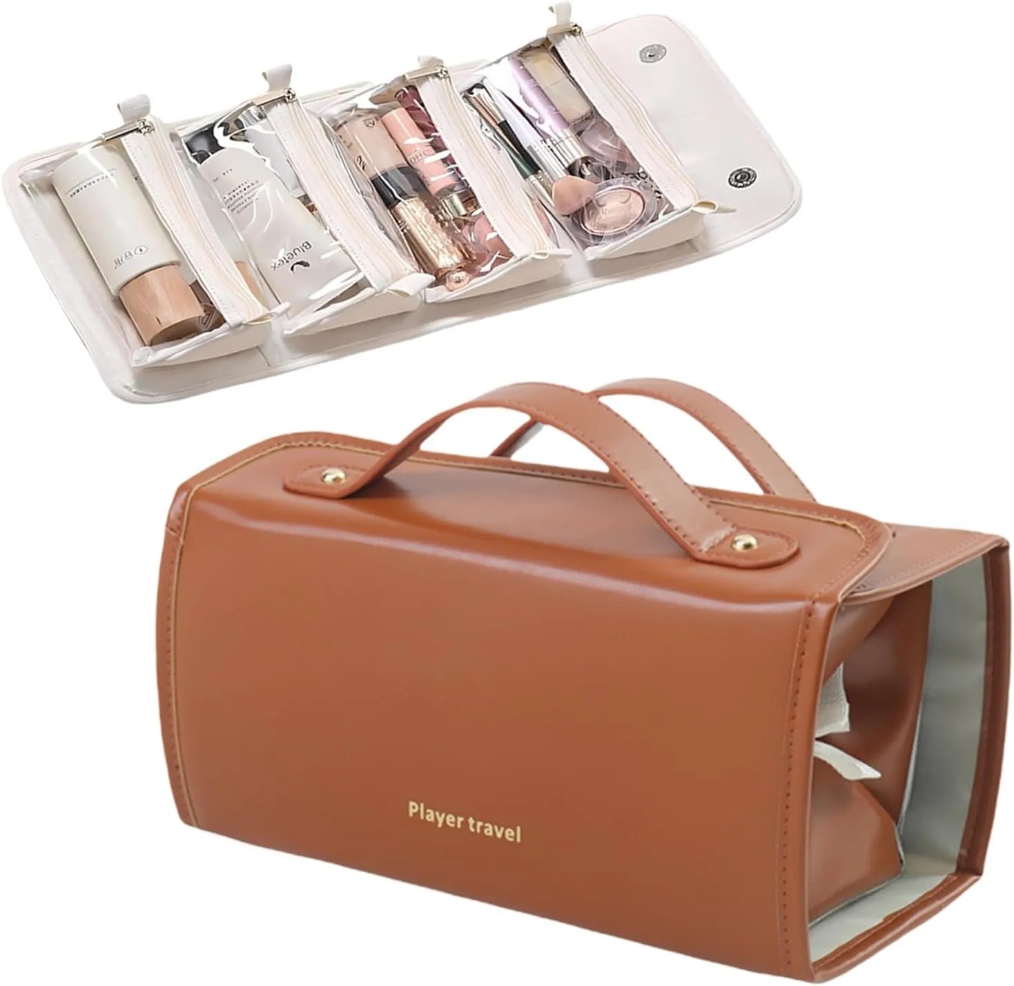 Large Capacity Makeup Bag Organizer - Premium PU Leather Cosmetic Case with 4 Removable Dividers & Dual Handles | Waterproof Lay-Flat Design Travel Toiletry Bag for Women(BROWN)