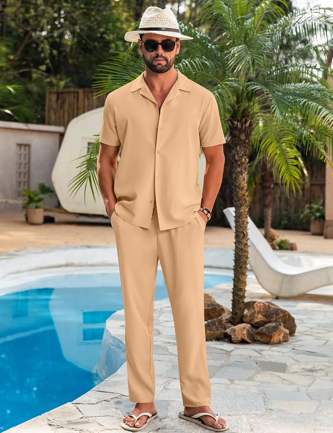 LecGee Men Summer Casual Short Sleeve Pant Sets Solid Button Down Shirt Elastic Pants 2 Piece Outfits Beach Tracksuit